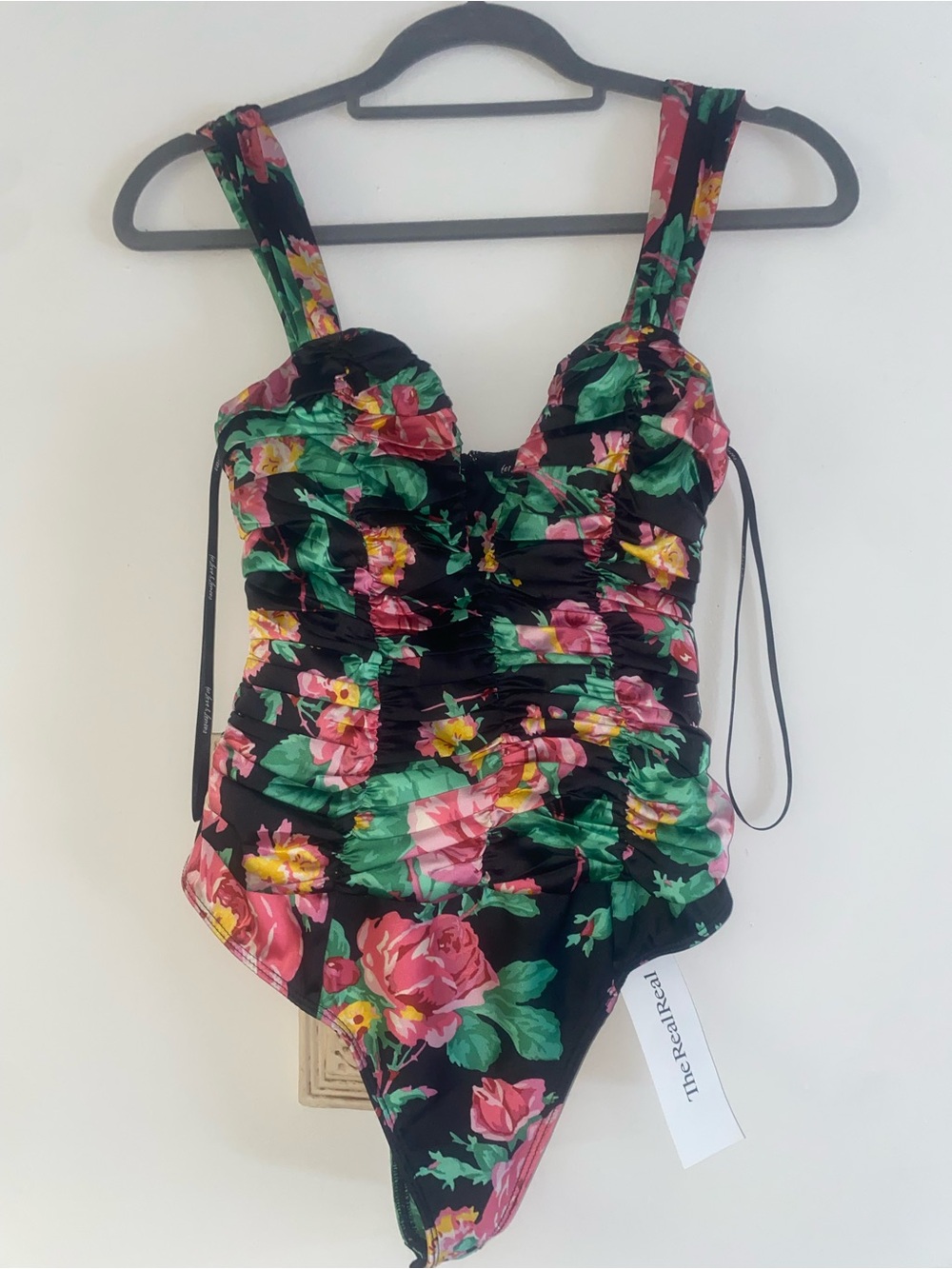 For Love & Lemons Black Floral Ruched Bodysuit with Pink & Green